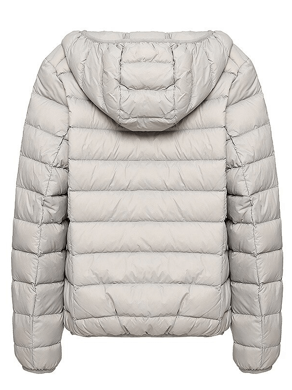 Back view of gray women's down jacket with hood, lightweight and insulated for warmth, perfect for outdoor activities.